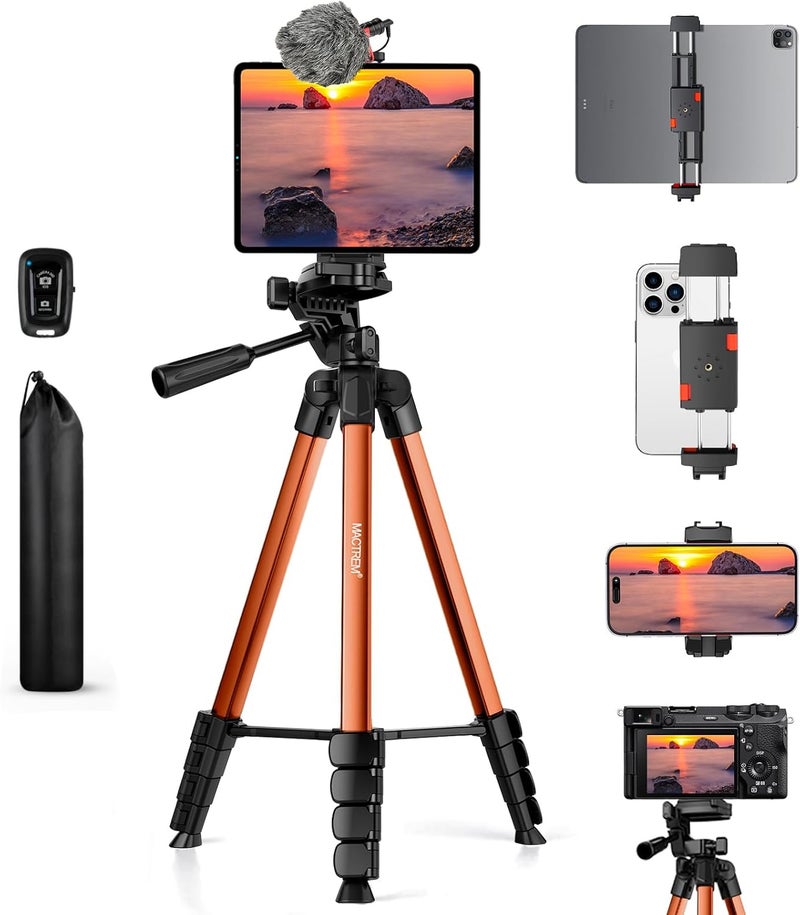 MACTREM 67" Tripod Stand for iPad Phone Tablet Camera with 2 in 1 Mount & Wireless Remote, Aluminum Extendable iPhone Tripod for Video Recording/Selfies/Live Stream/Vlogging (Orange) - Image 1